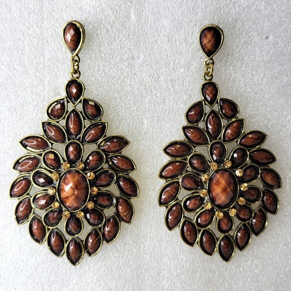 Large Dark Brown Floral Motif Earrings - Picture 3 of 11